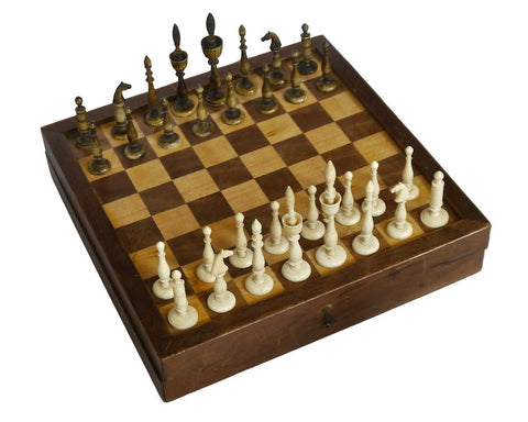 German "Selenus" Chess Set & Board, Early 19th Century